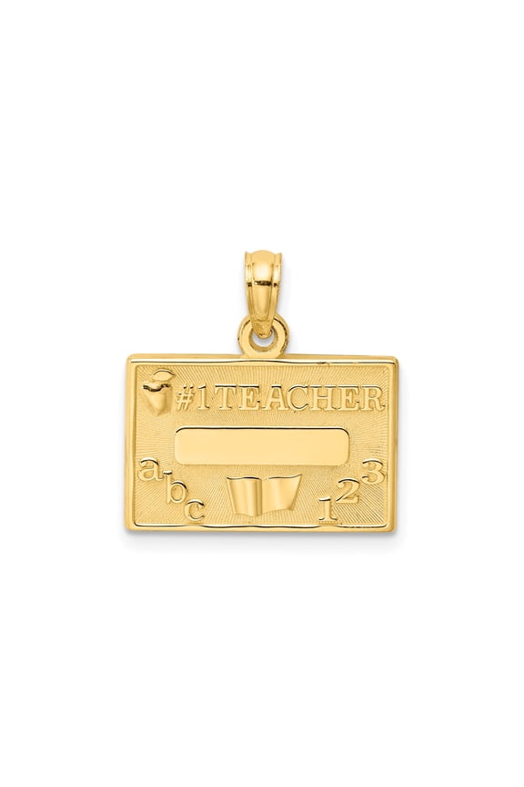 14k Yellow Gold Rectangle Pendant for Women or Unisex Wear, Number One Teacher Design with Apple, ABC, 123, Open Book, Educational Appreciation Jewelry Charm