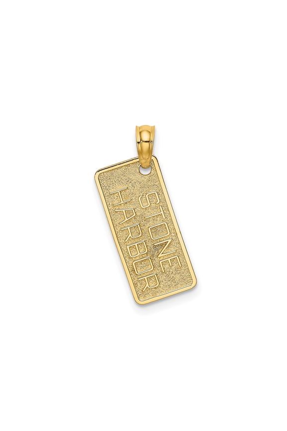 14k Yellow Gold Rectangle Pendant with Stone Harbor Engraving, Textured Travel Keepsake Necklace for Men or Women, Unisex Sentimental Jewelry Memento