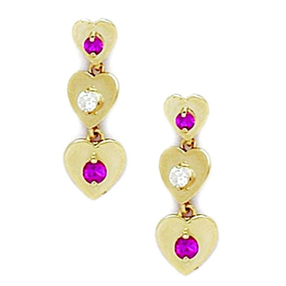 14k Yellow Gold Red Cubic Zirconia 3 Love Heart Drop Screw Back Earrings 19x7mm Stud Earring for Women