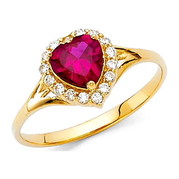 14k Yellow Gold Red CZ Heart Halo Ring Love Band Cocktail Ring Fashion Polished Fancy Size 8.5