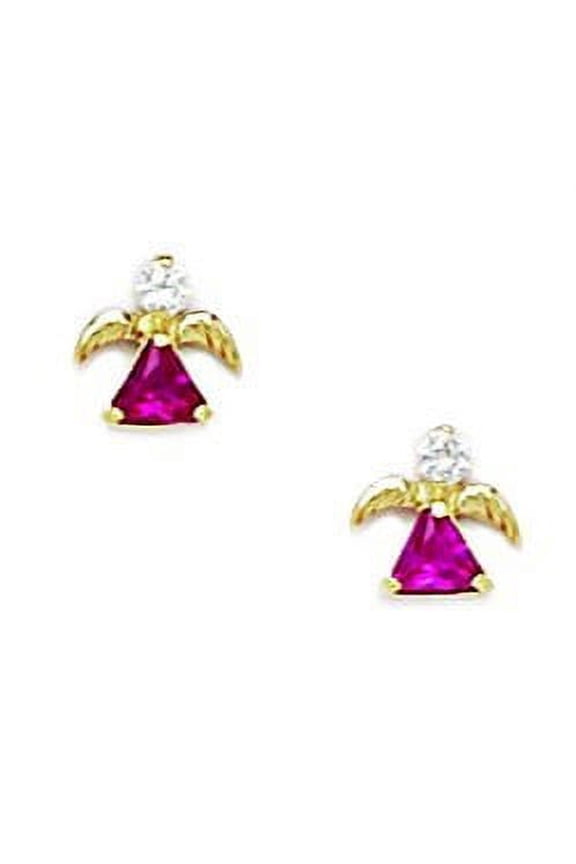 14k Yellow Gold Red Cubic Zirconia Angel Screw-Back Earrings - Measures 7x7mm