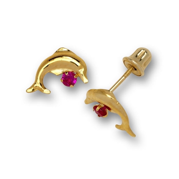 14k Yellow Gold Red Cubic Zirconia Dolphin Drop Screw-Back Earrings - Measures 13x8mm