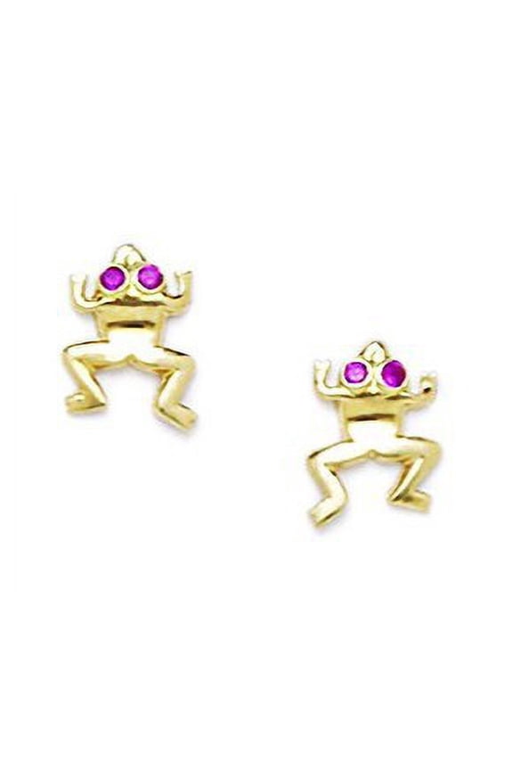 14k Yellow Gold Red Cubic Zirconia Frog Shaped Screw-Back Earrings - Measures 13x9mm
