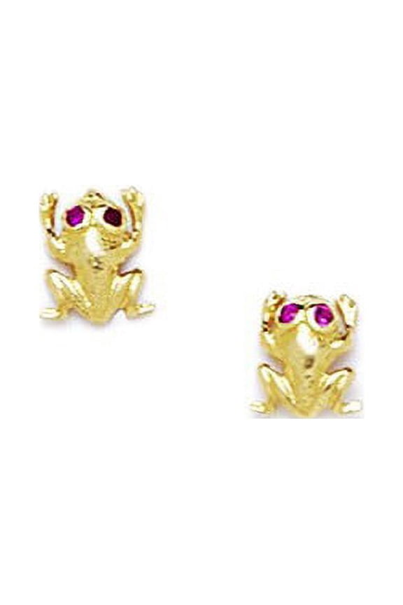 14k Yellow Gold Red Cubic Zirconia Frog Shaped Screw-Back Earrings - Measures 7x6mm