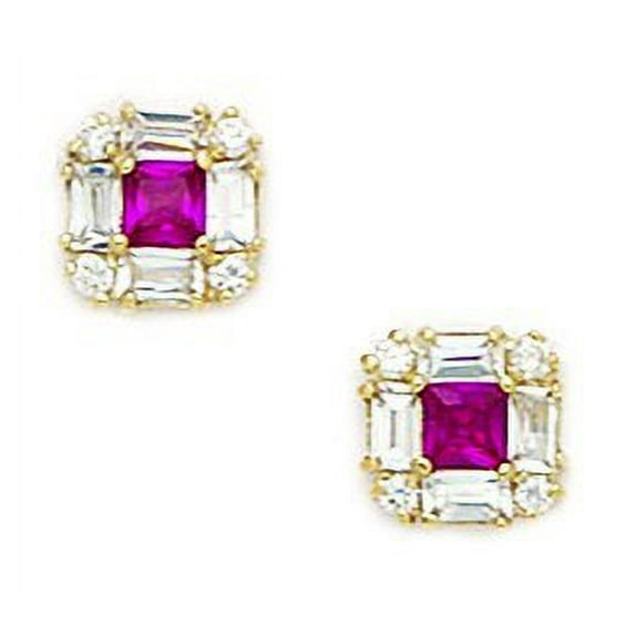 14k Yellow Gold Red Cubic Zirconia Small Princess Baguette Cut Fancy Post Earrings - Measures 7x7mm