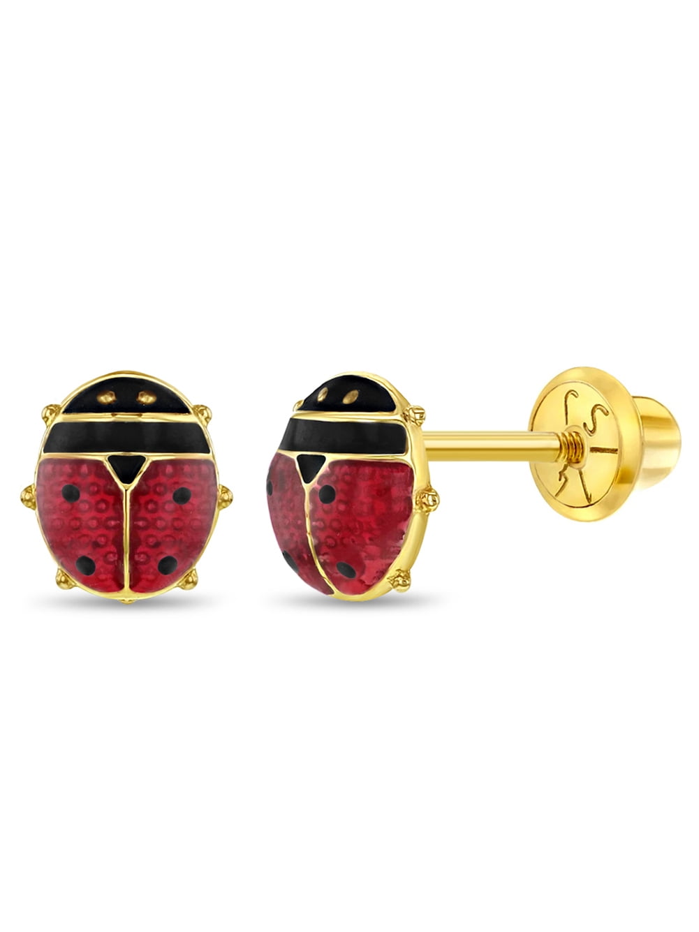 14k Yellow Gold Red Enamel Ladybug Screw Back Earrings for Infants to Toddlers