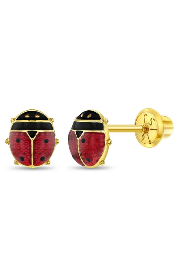 14k Yellow Gold Red Enamel Ladybug Screw Back Earrings for Infants to Toddlers