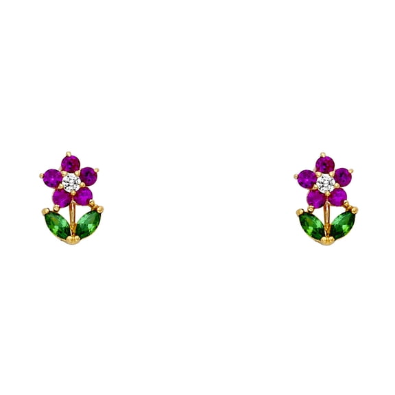 14k Yellow Gold Red Green Flower Cubic Zirconia Screw Stud Earrings Stud Earring for Women