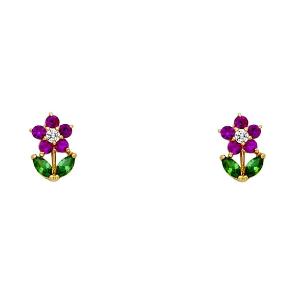 14k Yellow Gold Red Green Flower Cubic Zirconia Screw Stud Earrings Stud Earring for Women
