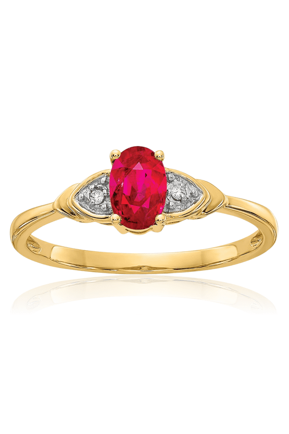 14K Solid Yellow Gold Red Ruby Diamond Ring July Birthstone Jewelry