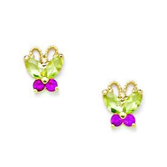 14k Yellow Gold Red and Green Cubic Zirconia Butterfly Screw-Back Earrings - Measures 7x9mm