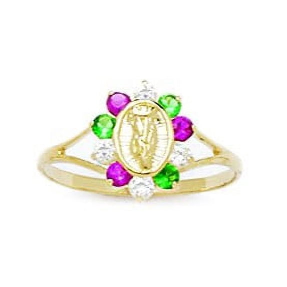 14k Yellow Gold Red and Green Cubic Zirconia Size 5.5 Virgin Mary Mini Ring
