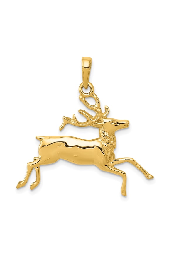 14k Yellow Gold Leaping Reindeer Stag Pendant Charm, Polished Wildlife Jewelry