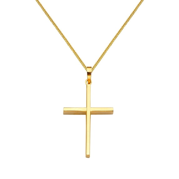 14k Yellow Gold Religious Cross Pendant with 0.80-mm Square Wheat Chain