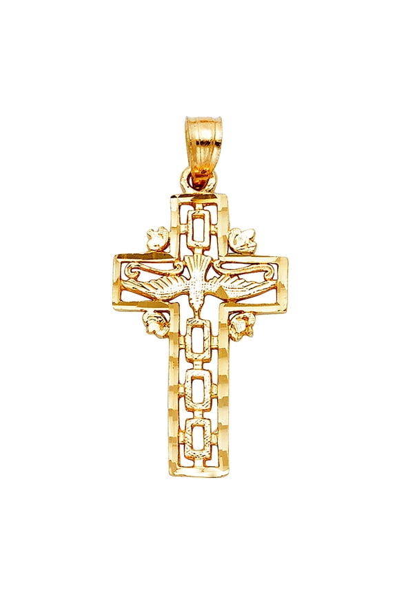 14k Yellow Gold Religious Faith Cross With Holy Spirit Dove Pendant Necklace 11x25mm Pendant for Women