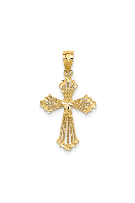 14k Yellow Gold Reversible Patonce Cross Pendant Necklace with Diamond Cut Sunburst Design for Men and Women Spiritual Religious Symbol High Polish Textured Faith Style Necklace