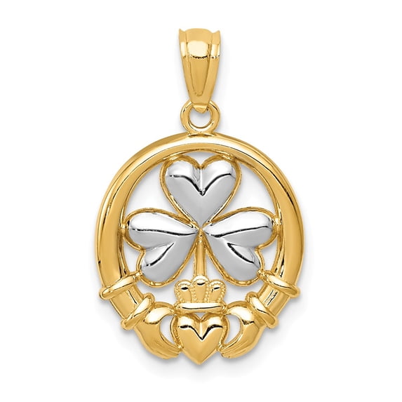 14k Yellow Gold Rhodium Claddagh w/Shamrock Pendant