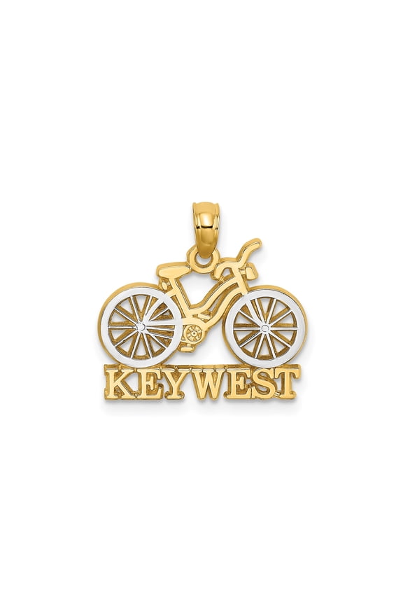 14k Yellow Gold and Rhodium Cruiser Bicycle Pendant with Key West Lettering, Unisex Travel Necklace, Florida Souvenir Charm for Women, Symbol of Adventure and Leisure