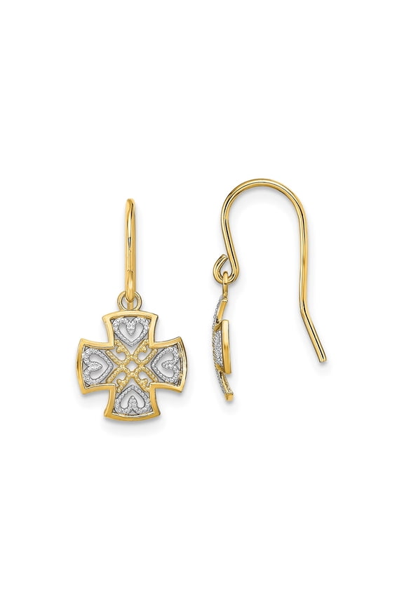 14k Yellow Gold Maltese Cross Heart Dangle Earrings, Christian Religious Jewelry for Women