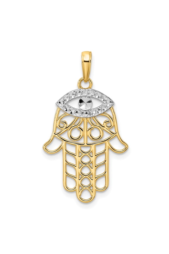 14k Yellow Gold and Rhodium Hamsa Hand Pendant with Evil Eye, Filigree Amulet Necklace for Women, Spiritual Middle Eastern Religious Protection Jewelry