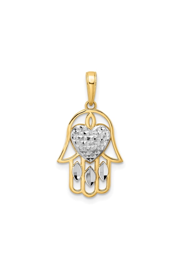 14k Yellow Gold and Rhodium Hamsa Pendant with Textured Heart Center for Women, Spiritual Middle Eastern Protective Amulet, Jewish Faith Jewelry Necklace