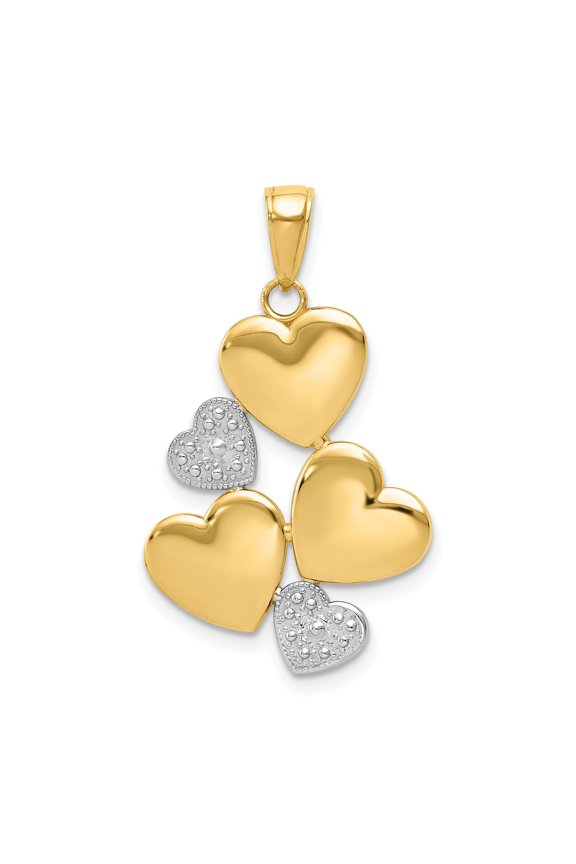 14k Yellow Gold and Rhodium Heart Pendant for Women, Five Heart Cluster Charm with Polished and Textured Finish, Two-Tone Romantic Jewelry Symbolizing Love, Unity, Family, Elegant Style
