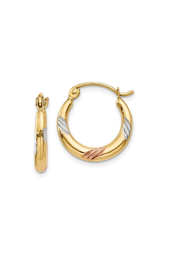 14k Yellow Gold Tri-Color Leaf Hoop Earrings, Polished Textured Style for Women