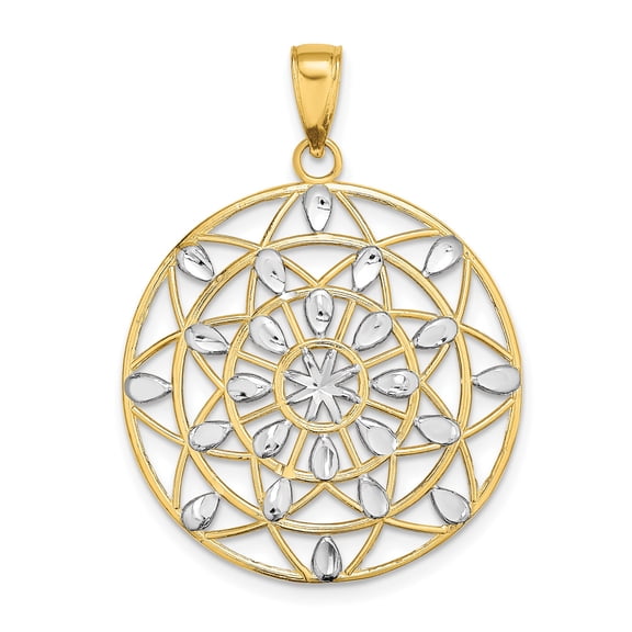 14k Yellow Gold and Rhodium Mandala Pendant Necklace for Women, Round Layered Geometric Design, Spiritual Boho Yoga Jewelry, Openwork Symbol of Balance and Unity