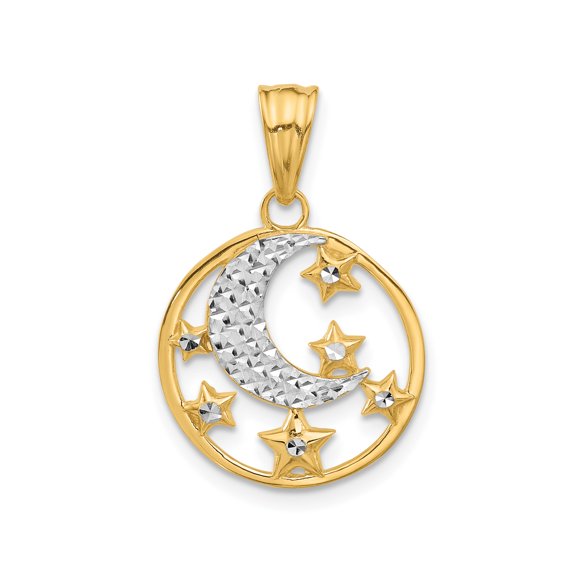 14k Yellow Gold Rhodium Moon and Stars Pendant for Women, Two-Tone Celestial Necklace with Diamond-Cut Accents, Textured Crescent, Circular Frame, Spiritual Cosmic Jewelry