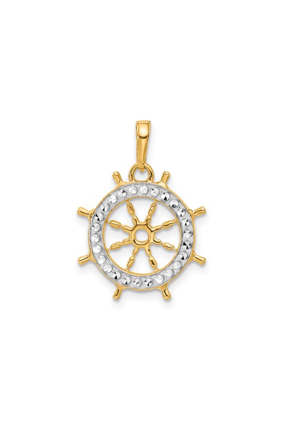 14k Yellow Gold and Rhodium Nautical Ship Wheel Pendant for Men and Women, Textured Maritime Helm Necklace, Unisex Ocean Symbol Jewelry for Sailor-Inspired Style