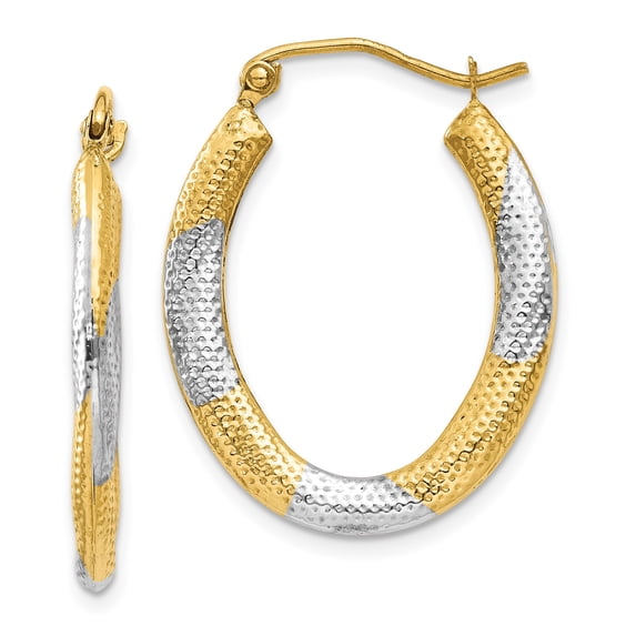 14k Yellow Gold and Rhodium Oval Hoop Earrings for Women with Hammered Two-Tone Finish, Textured Lightweight Design, Modern Fashion Jewelry for Daily Wear or Formal Occasions
