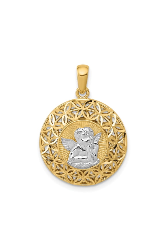 14k Yellow Gold and Rhodium Round Angel Pendant for Women with Cherub and Radiating Rays, Openwork Floral Christian Medallion Symbolizing Faith and Protection