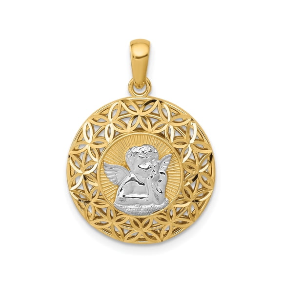 14k Yellow Gold and Rhodium Round Angel Pendant for Women with Cherub and Radiating Rays, Openwork Floral Christian Medallion Symbolizing Faith and Protection