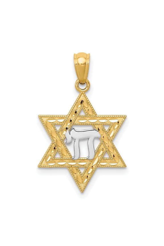 14k Yellow Gold and Rhodium Star of David Pendant with Hebrew Chai Symbol, Jewish Religious Necklace for Men and Women, Spiritual Life and Faith Gold Jewelry