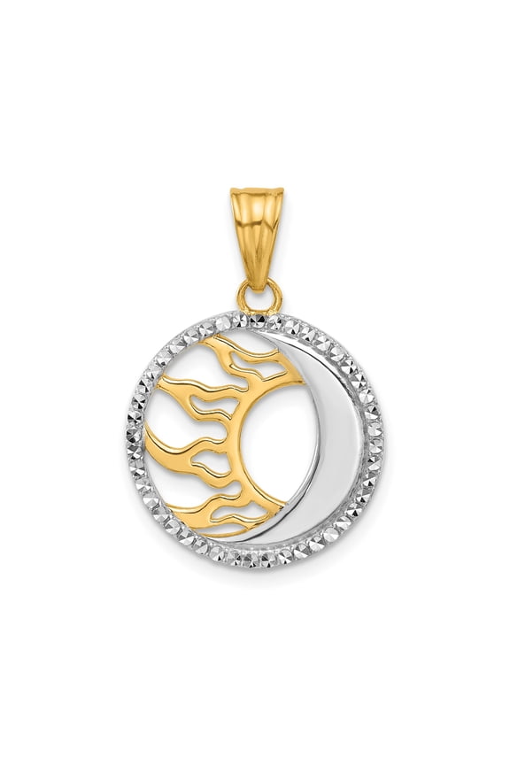 14k Yellow Gold and Rhodium Sun Moon Pendant, Diamond Cut Celestial Charm for Men and Women, Unisex Spiritual Jewelry Symbolizing Balance, Duality, Unity, Astrology and Cosmic Harmony