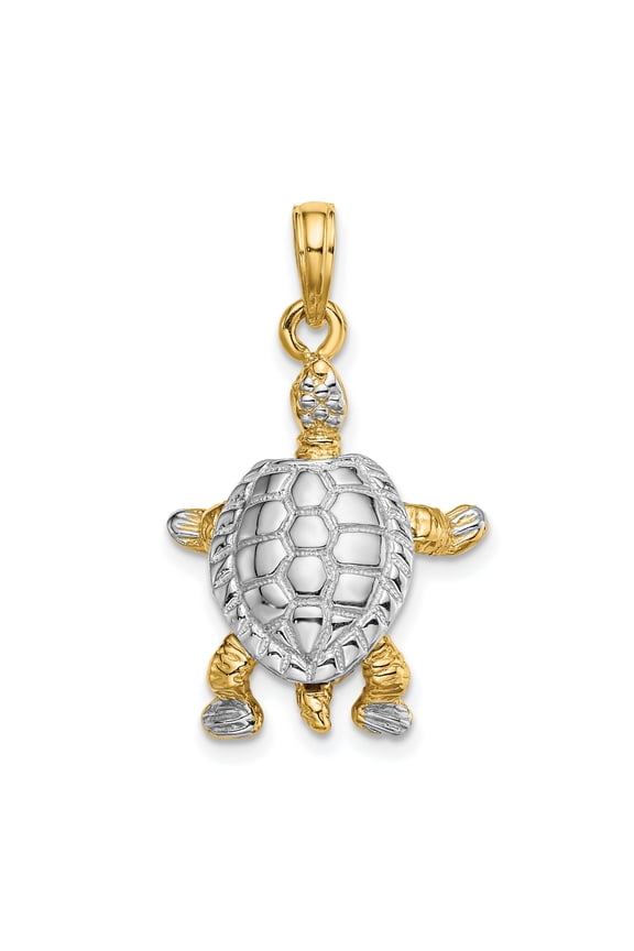 14k Yellow Gold Turtle Pendant Charm, Textured 3D Two-Tone Ocean Animal Jewelry