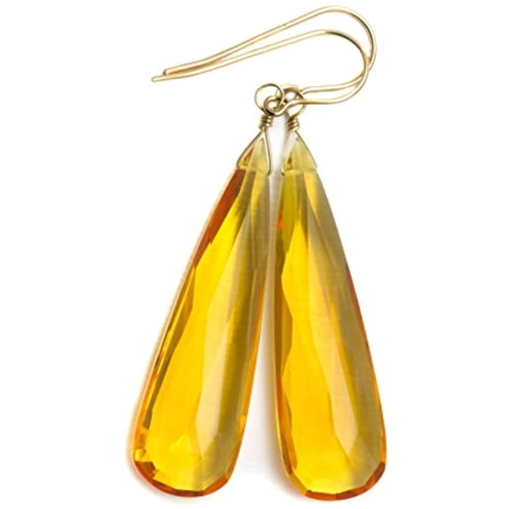 14k Yellow Gold Rich Simulated Citrine Yellow Earrings Long Pear Large Teardrops Faceted Designed for Adult Women