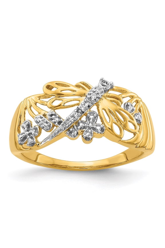 14k Yellow Gold Ring Diamond 0.02 ct Rhodium Dragonfly