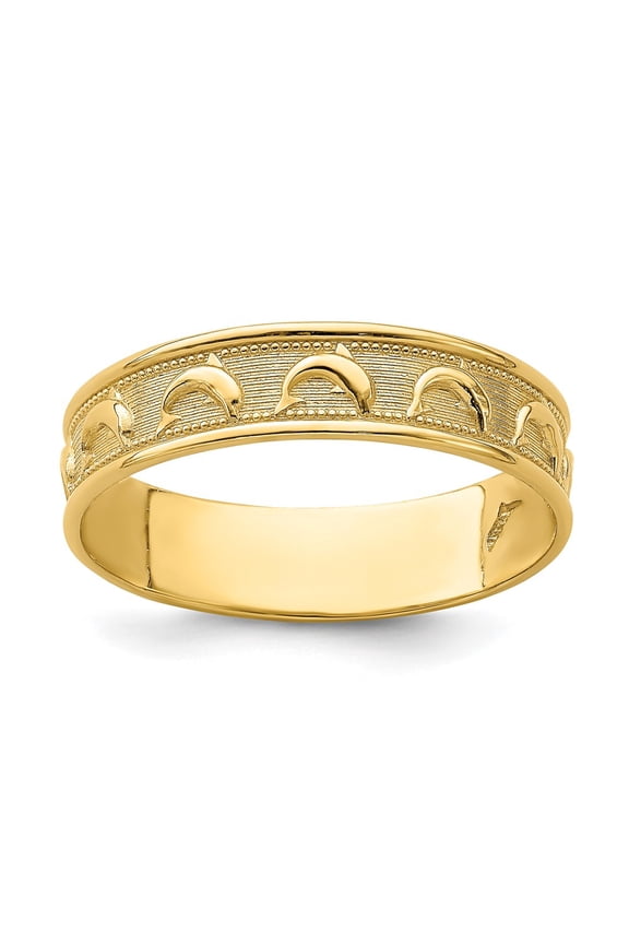 14k Yellow Gold Ring Fashion Polished and Textured Dolphin Engraved Thumb