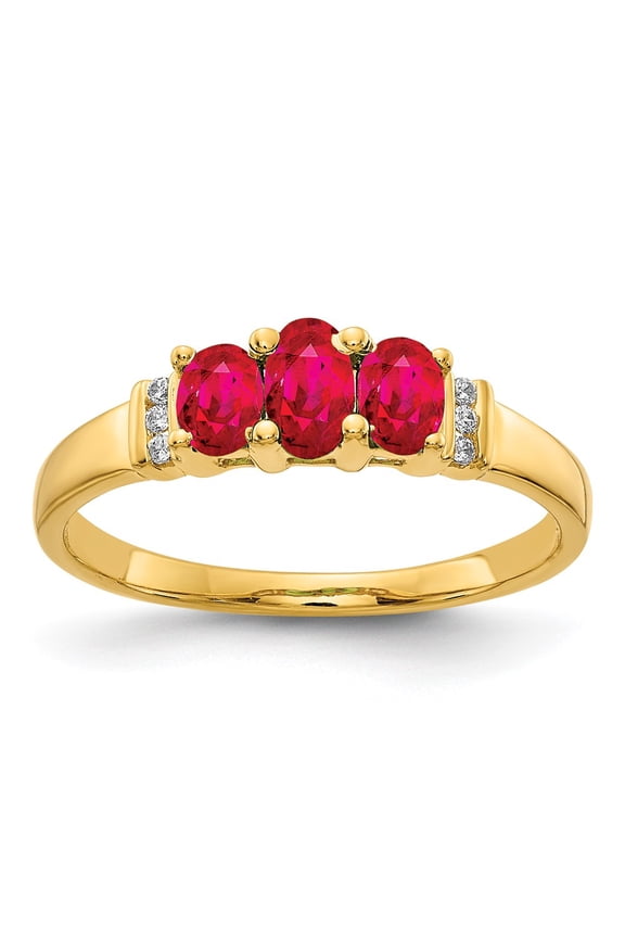 14k Yellow Gold Ring Gemstone Womens Ruby 0.03 ct 0.735 Polished Triple and Diamond 3-stone