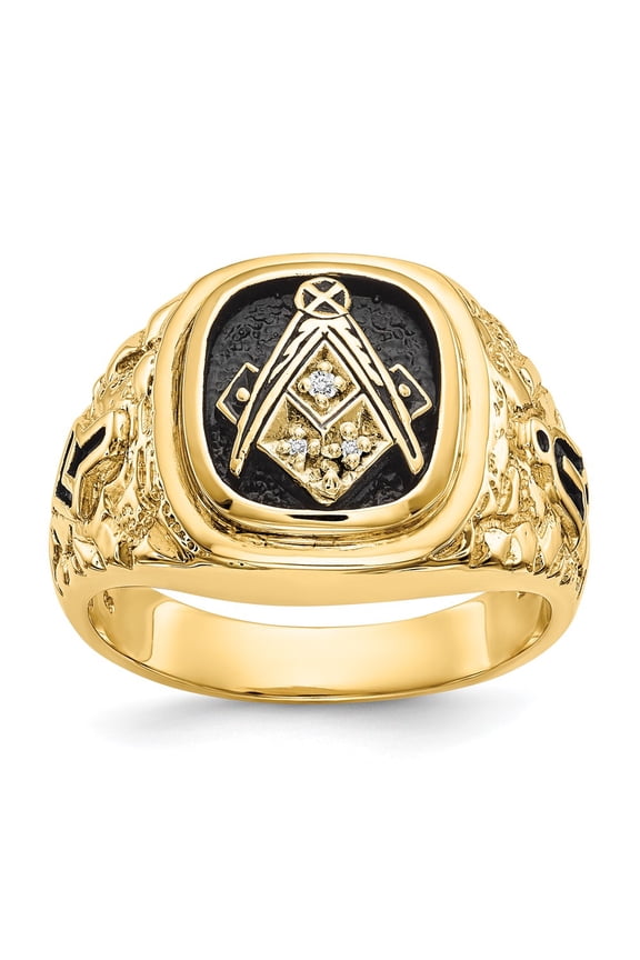 14k Yellow Gold Ring Mens Diamond 0.019 ct Polished, Antiqued and Nugget Texture AAA Quality Masonic
