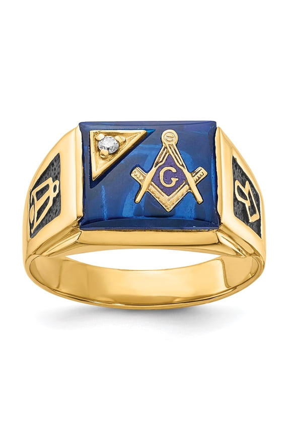 14k Yellow Gold Ring Mens Diamond 0.02 ct Men's Polished and Textured with Black Enamel, Imitation Blue Spinel AA Quality Masonic