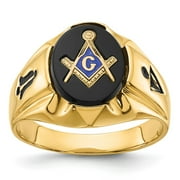 14k Yellow Gold Ring Mens Onyx Mens Polished, Antiqued and Grooved with Oval Masonic