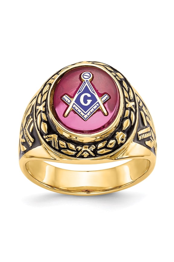 14k Yellow Gold Ring Mens Ruby Men's Polished, Antiqued and Textured with Lab Created Masonic