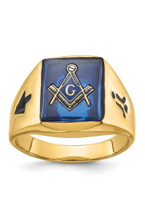 14k Yellow Gold Ring Mens Spinel Men's Polished and Grooved with Black Enamel Imitation Blue Masonic