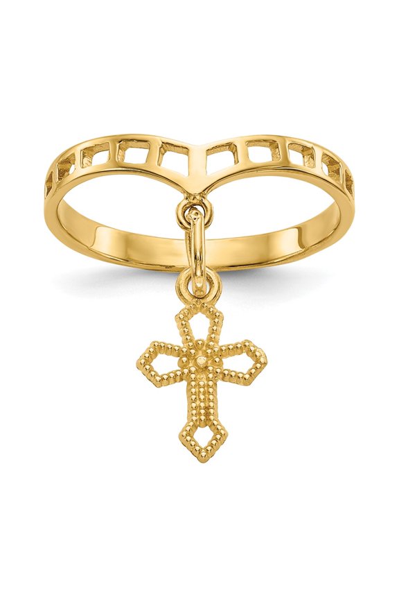 14k Yellow Gold Ring Themed Polished Cross Dangle Charm