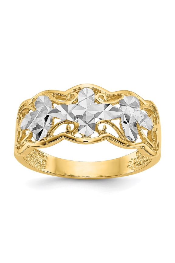 14k Yellow Gold Ring Themed Rhodium Diamond-cut Wave
