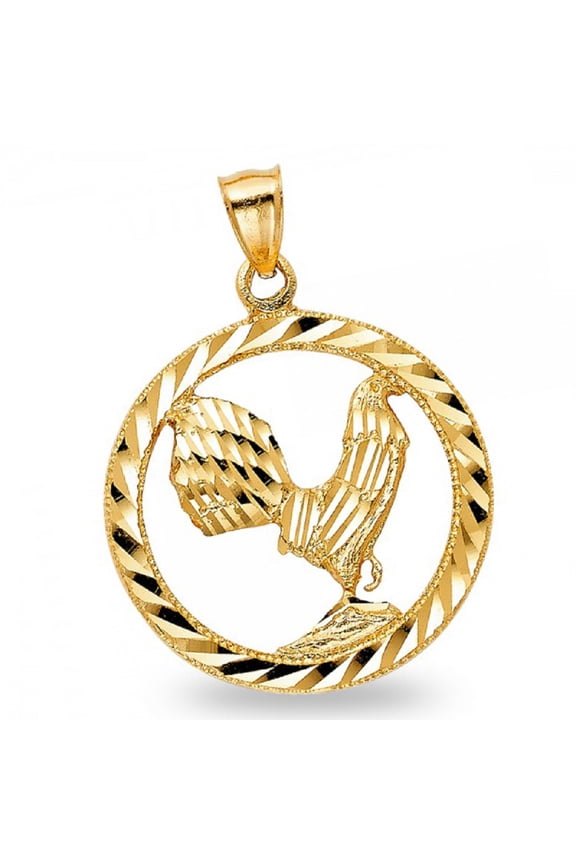 14k Yellow Gold Rooster Pendant Chinese Zodiac Charm Medal Diamond Cut Polished Solid 33 x 33 mm