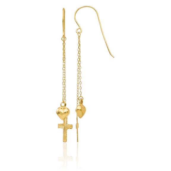 14K Solid Yellow Gold Rope Chain Heart Cross Drop Dangle Earrings