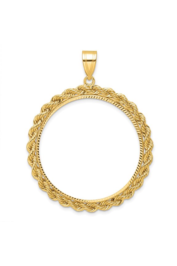 14k Yellow Gold Rope Edge D/C Prong Setting Coin Bezel Pendant Mounting - Fits 32.7mm